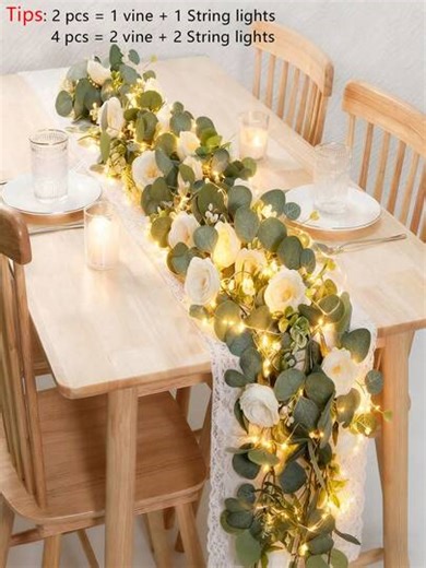 2/4pcs Silver Eucalyptus Leaf Starry Flower Wreath With LED Lights, White Camellia Vine, Eucalyptus Leaf Table Runner, Artificial Greenery Vines For Home Decor, Room Decor, Gender Reveal, Classroom, Bedroom, Wedding, Bridal Shower, Party, Baby Shower, Patio, Valentine's Day, Mother's Day, Graduation, Teacher Gift | SHEIN