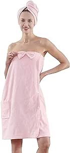 Bath Towel Wrap for Women Spa Wrap Robe & Hair Towel, 100% Cotton Terrycloth Shower Towels, Adjustable Bathrobes S-XXL（Pink）