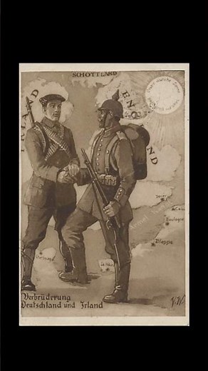 German WW1 propaganda postcard depicting a German soldier shaking hands with an irish soldier