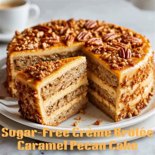 🍮 Sugar-Free Crème Brûlée Caramel Pecan Cake Elegant layers of buttery pecan cake, silky caramel frosting, and a creamy brûlée-inspired topping — totally sugar-free indulgence! 📝 Ingredients Pecan Cake: 1 ½ cups almond flour ½ cup finely chopped pecans 2 tsp baking powder ¼ tsp salt ½ cup butter, softened ¾ cup monk fruit sweetener (Lakanto Classic) 4 large eggs 1 tsp vanilla extract ½ cup unsweetened almond milk Caramel Frosting: ½ cup butter ½ cup allulose ¼ cup heavy cream ½ tsp caramel ext