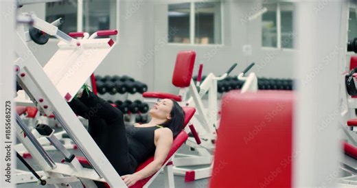 Gym workout. 4k footage of a middle-aged woman trains her leg muscles with controlled reps on the leg press machine, focusing on strength. Slow motion video.