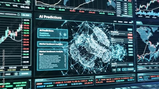 A futuristic computer screen displaying AI predictions with a world map and various data visualizations