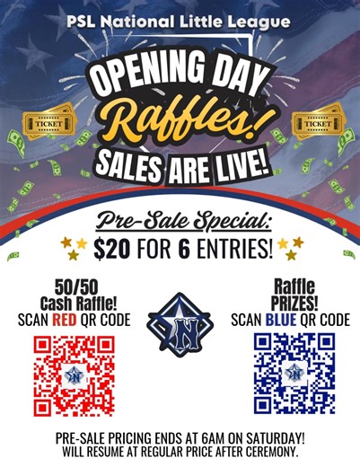 🎫Our Opening Day Raffles are LIVE! Pre-Sale special offer: 🤩6 entries for only $20!!! That is for either the 50/50 CASH Raffle OR any of the FABULOUS prizes we have available! 🔴Scan the RED QR code to enter the 50/50 raffle or click here: 6 ENTRIES FOR $20 – PRESALE https://square.link/u/MGuxvUh4 🔵Scan the BLUE QR code to enter to win any of the prizes! 6 ENTRIES FOR $20 – PRESALE https://square.link/u/2cfnxZbP List of prizes and QR Codes pasted in comments also! @followers@topfans @Port Sai