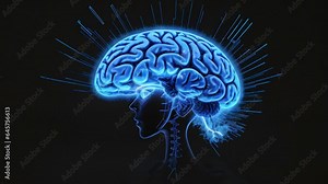 Futuristic animation with blue human brain on dark grunge background. Blue x-ray image, artificial intelligence concept. AI generated animation with image transformations.