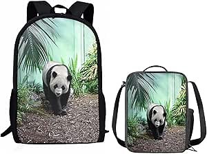 Panda Printed Backpack Set Kid's Book Bag Women Travel Hiking Daypack with Small Meal Bag