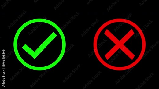 check mark and cross sign in circular frames animation symbolised green approval symbol and red rejection icon, seamless loop motion on transparent background with alpha channel for UI, feedback
