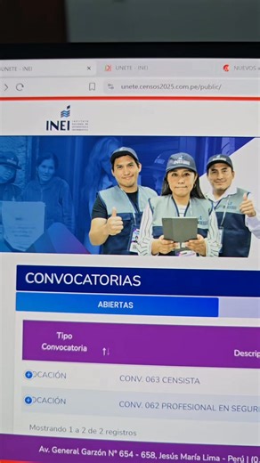 Nuevos empleos en el INEI para los Censos Nacionales 2025 Convocatoria para contratar Censistas ✅ Hay 1600 plazas a nivel nacional ✅ No se requiere experiencia laboral Pueden postular estudiantes, egresados, bachilleres y titulados 🔴 Como postular para censista INEI 2025: ✅ Ingresa a la bolsa de trabajo oficial de la entidad: https://unete.censos2025.com.pe/public/home/detalle/2/282 👉 Más convocatorias del Gobierno en: convocatoriasdetrabajo.com ✅ Descarga las bases del concurso y verificas si