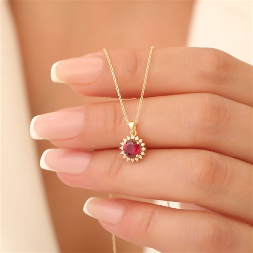 Round Ruby Necklace With Real Diamond Halo, 14K Solid Gold Pendant, July Birthstone Jewelry - Etsy