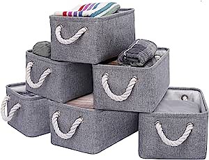 Foldable Storage Baskets (6 Pack) with Rope Handles, Storage Bins ​for Organizing, Closet, Nursery, Toy, Blanket, Clothes, Grey, 11.22(L) x 7.67(W) x 5.51(H) Inch