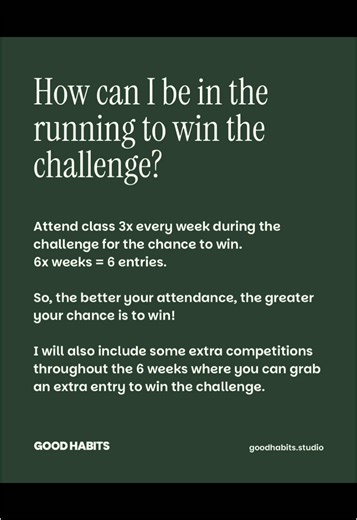 DO YOU WANT TO WIN THE CHALLENGE?! The Good Habits Challenge starts next week — and I am so excited to move through the next 6 weeks with you!💚 Here’s how it works: \t•\tCome to class 3x per week = 1 entry \t•\tDo that for 6 weeks = 6 entries total \t•\tKeep an eye out for fun side challenges to earn bonus entries 🧚 What’s up for grabs? \t•\tA 100 euro Lululemon gift card @lululemon \t•\tWe Move Pilates grip socks @wemove.pilates \t•\tA handmade headband from Soirée @soireeatthehouse Let’s bui