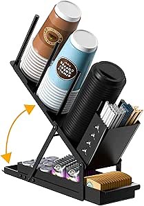 Cup and Lid Holder with Straw Organizer Coffee Station Organizer, Metal Cup Dispenser 5 Compartment Coffee Cup Holder for Coffee Bar Accessories, Disposable Paper Cups, Plastic Cups, Lids