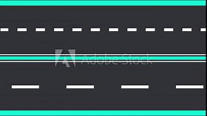 Asphalt highway with road white markings background. Moving road aerial top view animation. Roads and highways in perspective.