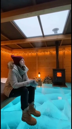 A survival shelter under a frozen lake.Glass ceiling. Cast iron stove. A wolf walking overhead.This