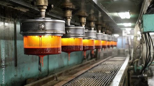 Metal parts dipped in a rustpreventive solution on an assembly line illustrating automated corrosion control methods in manufacturing processes.