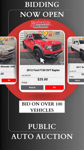 BID NOW!! On our May 7th online auction We have over 100 units, featuring Government Surplus, Bank Repos, Estate gems, and Fleet Vehicles, this auction is your golden opportunity. Click the link below to view our full catalog It is free to sign up. However, you must make a full account if you would like to bid on any of our online auctions. Happy bidding! | Trucks & Auto Auction