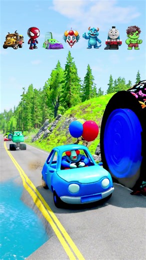 Blue Clown Car vs Giant Blue Wheel – BeamNG Drive Funny Crash Challenge!