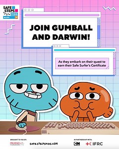 1.6K reactions · 89 shares | Ready to earn your Safe Surfers certificate? ​ Gumball and Darwin are ready to learn from you! Show them how to stay safe in the digital world. 六‍ ​ Find out more: https://www.safestepskids.com/health​ #SAFESTEPSKIDS Prudence Foundation International Federation of Red Cross and Red Crescent Societies | Cartoon Network | Facebook
