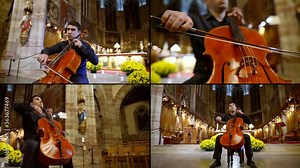 a collage of four videos. a man plays the cello in a Catholic Cathedral. static and dynamic plans