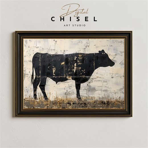 Black Cow Farm Wall Art Printable | Minimalist Cattle Art | Modern Rustic Ranch Decor | Neutral Country Artwork - Etsy