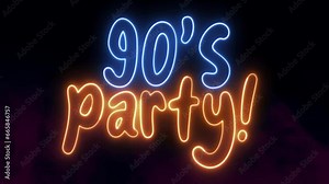 90's party text font with neon light. Luminous and shimmering haze inside the letters of the text 90's party. 90s party neon sign.