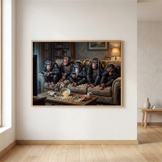Chimpanzee Movie Night Poster Funny Monkey Wall Art TV Watching Couch Print Living Room - Etsy