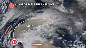 Explication de la remontée du #sabledusahara sur la France aujourd'hui : sous l'effet d'une dépression située sur le #Maroc, un puissant flux de sud, le #Sirocco, est remonté d'#Algérie. Cette image sat 🛰️est particulièrement parlante : le sable s'étend de l'Espagne à la Suisse ! | La Chaîne Météo