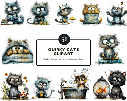51 Quirky Cats Clipart Collection, Watercolor Funny Cat Clipart Bundle, Whimsical Cat Art, Cute Cats PNG, Nursery Decor, Instant Download - Etsy