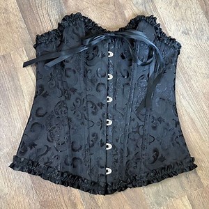 Black Floral Lace Up Bustier Corset Ruffled Tie Front Women's S great preworn co