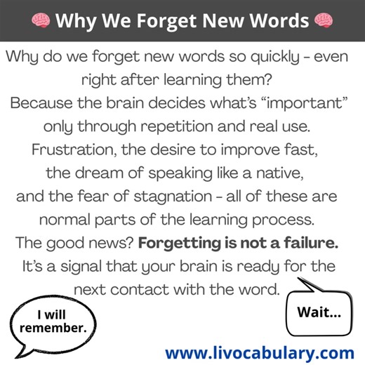 🧠 Why do we forget new words 🧠 Why do we forget new words so quickly — even right after learning them? Because the brain decides what’s “important” only through repetition and real use. Frustration, the desire to improve fast, the dream of speaking like a native, and the fear of stagnation — all of these are normal parts of the learning process. The good news? Forgetting is not a failure. It’s a signal that your brain is ready for the next contact with the word. 👉 Read more in our new article