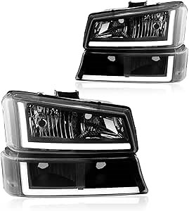LED DRL Headlight Headlights Assembly Kit Compatible with 2003-2006 Chevy Silverado/2003-2006 Avalanche Factory Cladding ONLY Headlamp Black Housing Clear Reflector