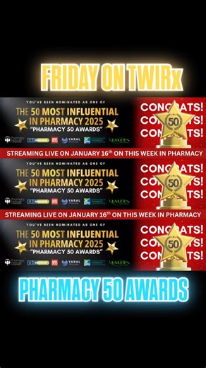 The 50 Most Influential People in Pharmacy Awards are this Friday on @thisweekinpharmacy #TWIRx Don’t Miss the #Pharmacy50 Awards with our co-host Stephen Beckman CEO of YARAL Pharma starting at 2pm ET streaming LIVE on YouTube LinkedIn Instagram and TwitterX Thank you to our amazing sponsors: YARAL Pharma @rxinsider @ipc_rx Value Drug Company | Pharmacy Podcast