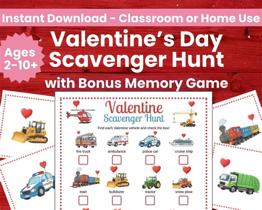 Valentine Scavenger Hunt for Kids Printable Preschool Hide & Seek Classroom Party Game Toddler Boy Memory Game Easy Indoor Transportation - Etsy