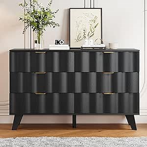 6 Drawer Dresser, Modern Fluted Chest of Drawers with Metal Handles, Wood Storage Drawer Organizer, Storage Cabinet for Bedroom, Living Room, Hallway, Home Office (Black)