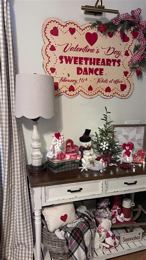 🤍 Jennifer Reinson 🤍 on Instagram: "Happy Tuesday, sweet friends 💗 I fell in love with this beauty the moment I saw it — the scalloped edges and charming design give it such an old-fashioned Valentine feel. This Sweetheart Dance sign from Shauna @weatheredwhitebarn truly steals the show, and I loved displaying Valentine’s Day tickets to complete the look ❤️✨ ✨ What song would you choose for a Sweetheart Dance? 💌🎶 #sweetheartdance #vintagestyledecor #valentineshome #cozycottage #holidayhouse
