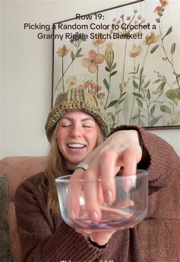 Row 19: Picking a random color from a bowl to crochet a Granny Ripple Stitch Blanket! Pattern and original idea from @Catherine | Crafts & Dogs!! I’m using weight 4 yarn loops & threads from @Michaels Stores and a 5mm hook.