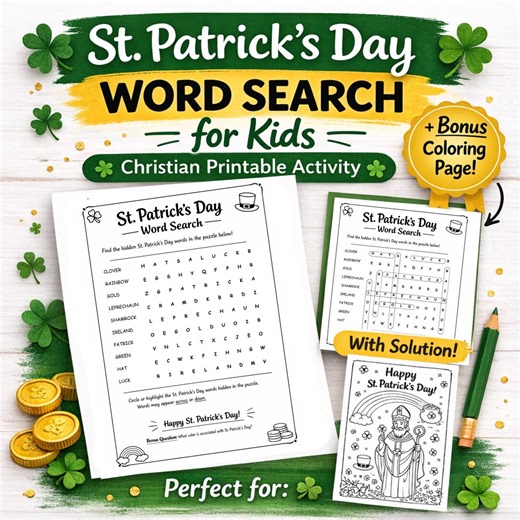 St. Patrick's Day Word Search for Kids Christian Printable Activity With Bonus Coloring Page Shamrock Puzzle Sunday School Homeschool PDF - Etsy