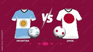 Argentina vs Japan soccer ball match intro animation. Symbolic jersey and football animation using national flags. Graphics resource. 4k video.