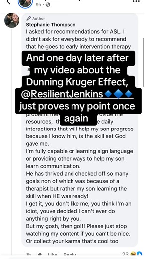 What crazy timing! After my Dunning Kruger Effecf video, @Resilient Jenkins 🔹🔷🔹 displays this behavior yet again on her new fb post where she acts like she is more capable of intervening for her son and his developmental delays than actual professionals. #resilientjenkins #fyp #stephaniejenkins #resilientjenkinsupdate #theresilientjenkins