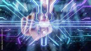 Digitalization Concept: Human Finger Pushes Touch Screen Button and Activates Futuristic Artificial Intelligence Interface. Visualization of Machine Learning, Computer Technology, Online Connectivity.