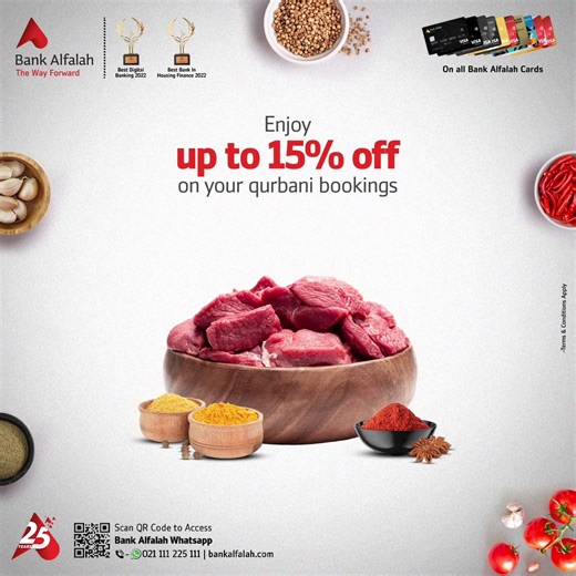 Unwrap the joy of Eid ul Adha with Bank Alfalah Credit and Debit Cards. Get up to 15% off on your qurbani bookings and make the most of this delightful festival. *The discount for Meat One is only applicable on select Bank Alfalah Cards. Terms and Conditions Apply! For further details and discount caps, please visit https://bit.ly/45TXIIN or call 021-111-225-111. #BankAlfalah #TheWayForward #EidulAdha | Bank Alfalah