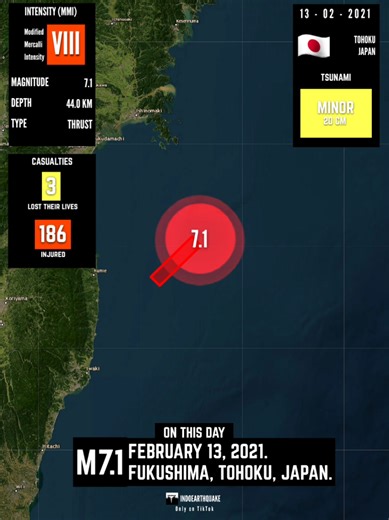 ON THIS DAY | Magnitude 7.1, February 13, 2021. Tohoku, Japan. Also known as 2021 Fukushima earthquake. #earthquake #earthquakes #terremoto #temblor #sismo #deprem #potres #gempa #地震 #lindol #linog #seismo #tremor #زلزال #지진 #potres #землетрясение #tohoku #fukushima #sendai #namie #ishinomaki #japan #alertasismica #fyp #foryou