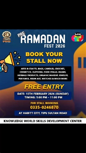 Zaeem Ahmed on Instagram: "🌟 PRE RAMADAN FEST🌟 📢 CALLING VENDORS! Get Ramadan-ready at our Pre-Ramadan Fest! Enjoy a family-friendly event with unique vendors, tasty food, and a warm community vibe as we welcome the blessed month ahead. 🌙✨ STALLS & CHARGES: ✅ Size: 2.5x4 ft (Includes 1 Table & 2 Chairs) CITY ARENA: ✅ Entrance Stall Charges: Rs. 13’000 ✅ City Arena Stall Charges: Rs. 10’000 ✅ Food Stall charges: Rs. 10’000 Note: Bring extension cords for electricity. VENDOR BENEFITS: ✅ Bring 