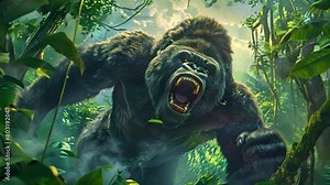 Intense gorilla screaming in a rainforest, muscles tense, amidst vibrant greenery and hanging vines, with a storm brewing overhead