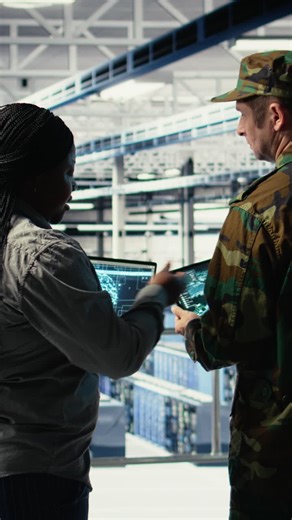 Vertical Video Military Data Center Engineers Using Ai Machine Learning Radar Software | Premium Stock Video Footage