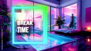 Break Time and Stream Schedule: Soothing animation with a serene bedroom and pool, promoting viewer relaxation and reminding to follow and subscribe during breaks. Perfect for displaying the streaming Stock Video