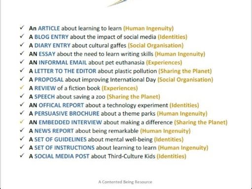 IB English B TEXT TYPES: 16 Exemplar texts and stimulus prompts