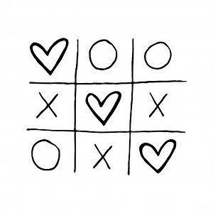 Tic-tac-toe-Spiel mit Herzen Vektor Doodle Illustration.