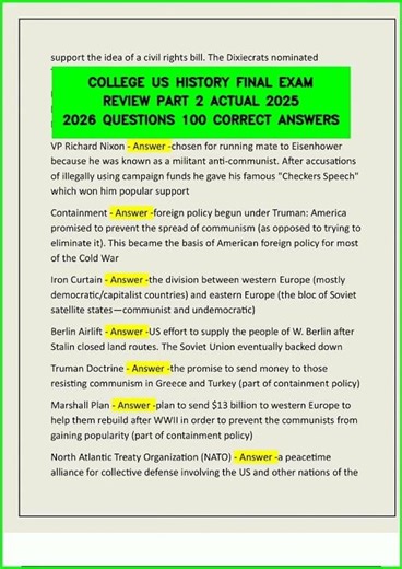 COLLEGE US HISTORY FINAL EXAM REVIEW PART 2 ACTUAL 2025 2026 QUESTIONS 100 CORRECT ANSWERS video