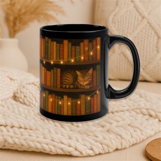 Cozy Cat Bookshelf Mug With Fairy Lights | Black Ceramic Mug for Book Lovers & Cat Lovers | Warm Library Aesthetic Gift - Etsy