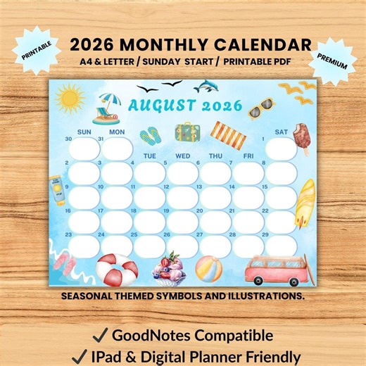 August 2026 Printable Calendar Horizontal Monthly Calendar August 2026 Planner Sunday Start US Letter Seasonal Calendar Instant Download PDF - Etsy
